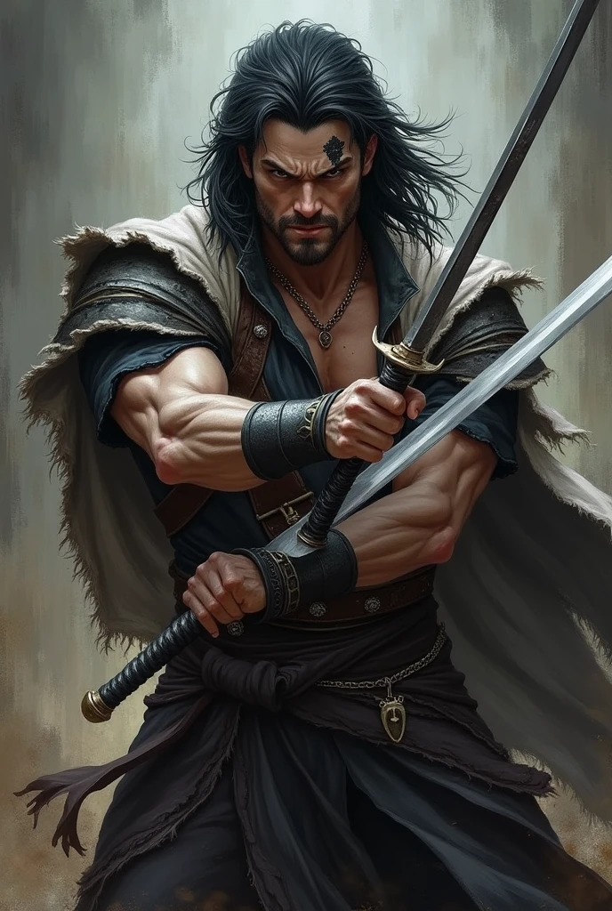 A man weilding two swords with black hair,brown eyes, lean, jacked and tall, sacr on his one eye and no facial hair