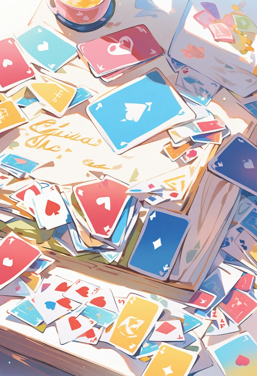(best quality, high resolution, 水彩plentiful scattered cards game on table, one of them with text "Heart of the cards, guide me!"