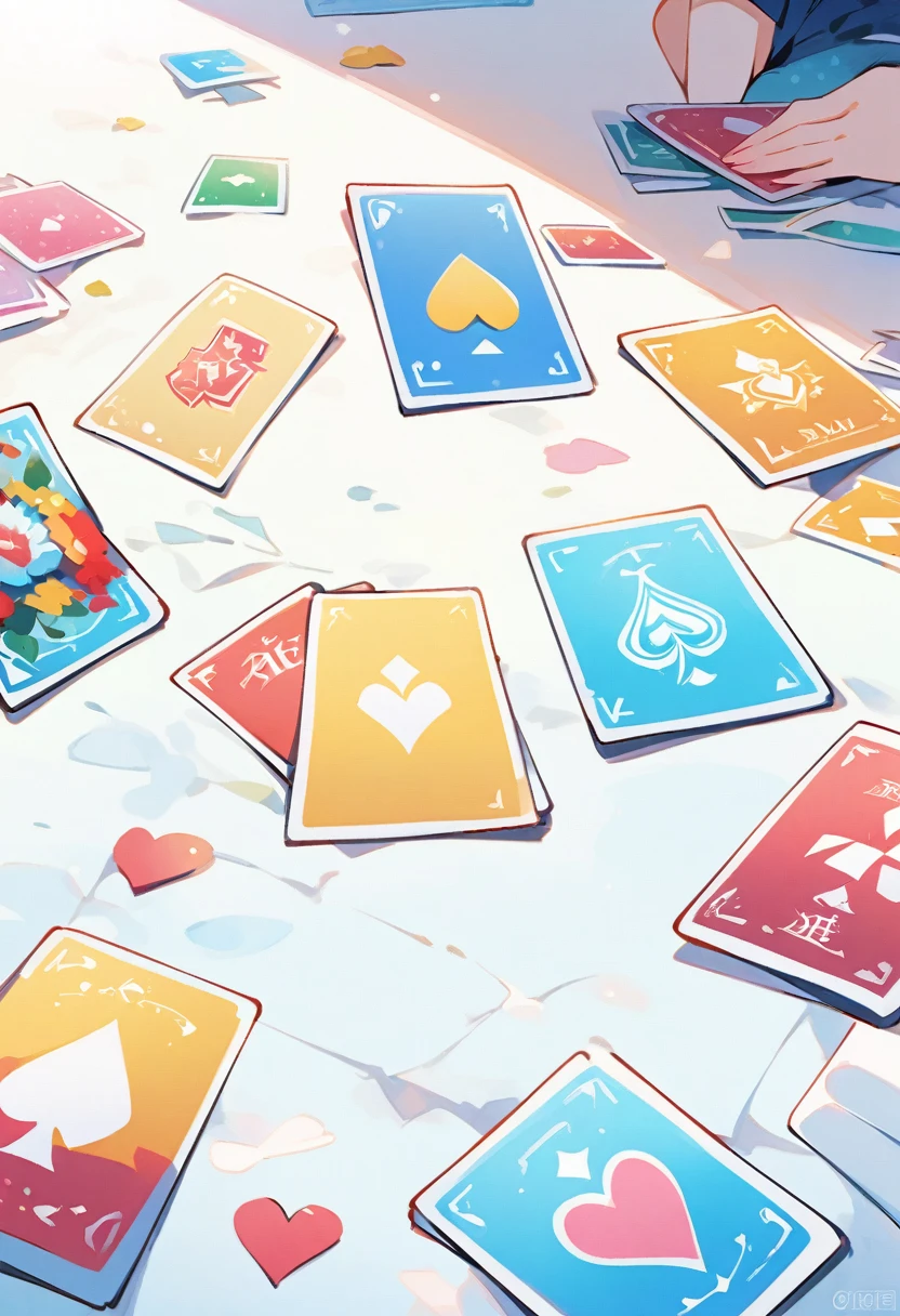 (best quality, high resolution, 水彩plentiful scattered cards game on table, one of them with text "Heart of the cards, guide me!"
