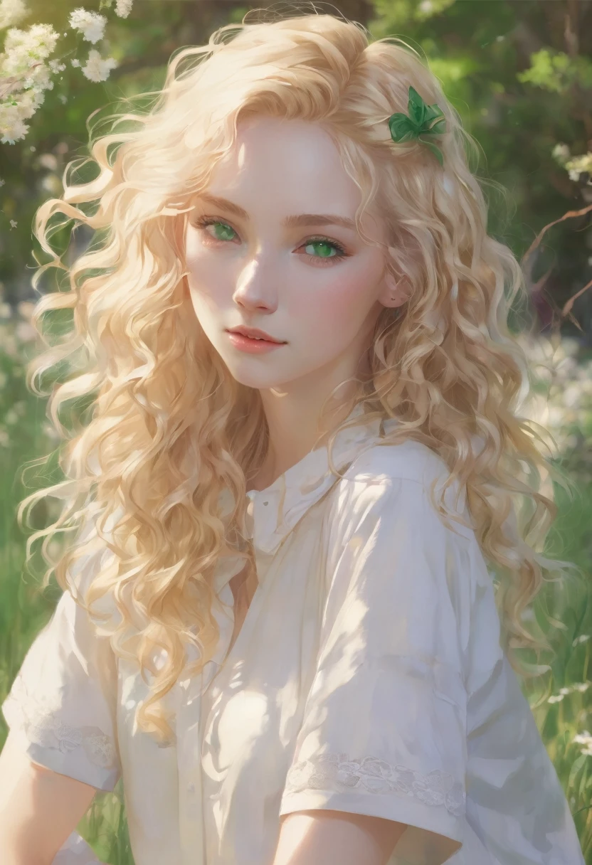 A sweet 20 year old girl, innocent,curly blonde hair, thin white skinned, green eyes, aesthetic, in the full body field 