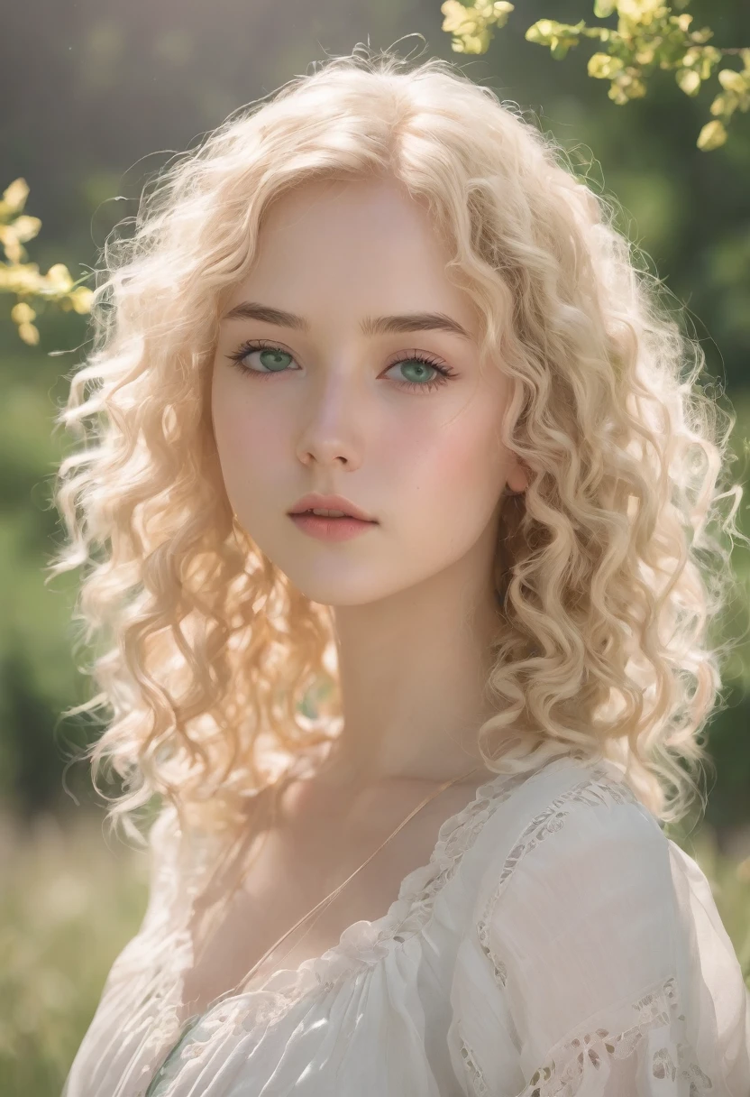 A sweet 20 year old girl, innocent,curly blonde hair, thin white skinned, green eyes, aesthetic, in the full body field 