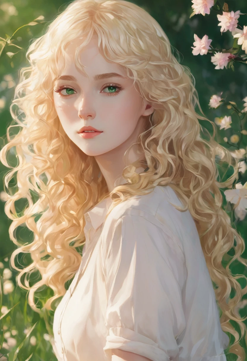 A sweet 20 year old girl, innocent,curly blonde hair, thin white skinned, green eyes, aesthetic, in the full body field 