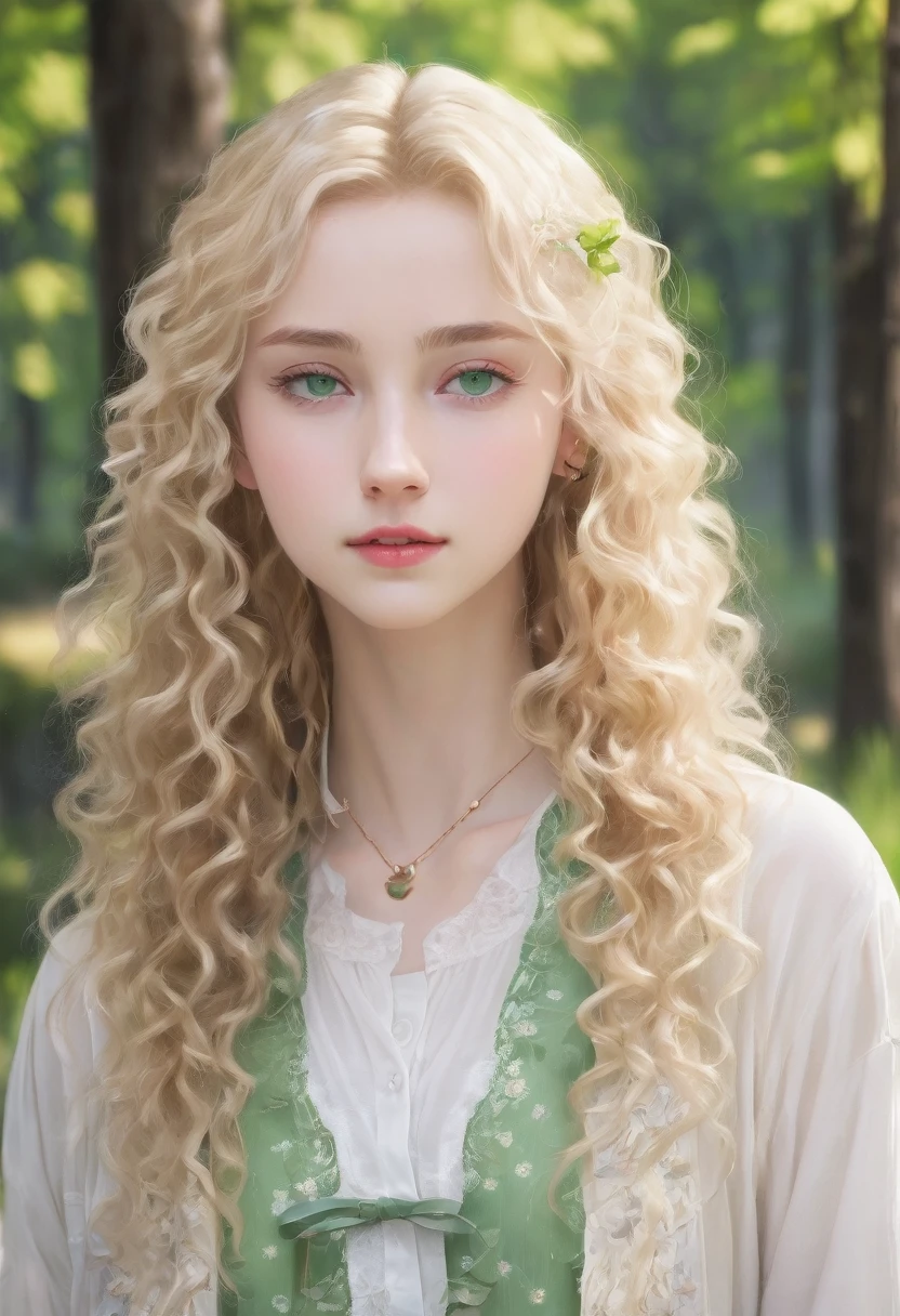 A sweet 20 year old girl, innocent,curly blonde hair, thin white skinned, green eyes, aesthetic, in the full body field 