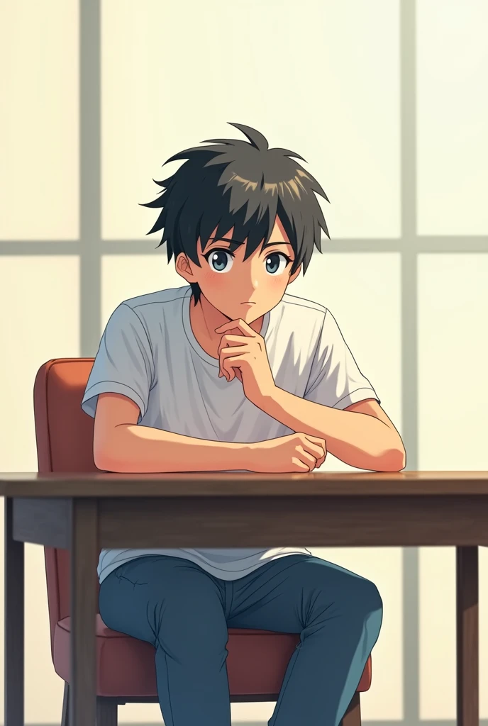 Boy seat on chair and his front table anime boy 20 to 22 years old

