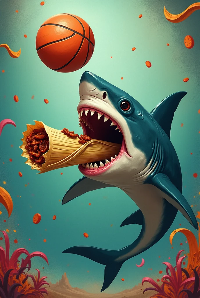 Shark eating a tamale of rajas while making a shot 
