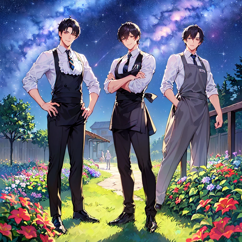 masterpiece,best quality,high quality,(1male austere handsome two adult age 30:1.5), purple eyes, cool with drooping eyes, V-shaped eyebrows, body strong and fearless 8.5 head tall, height 185cm, (well-groomed black short hair down to neck:1.4), (bangs in three (hair parted in three parts:1.4), slender nose, facial muscles, throat, (pants with waiter's tie summer fashion:1.3), sommelier waist apron, (welcome pose), (standing), (stylish pose), (cool smile:1.3), (background summer garden:1.3) ,(Milky Way Night Sky:1.3)