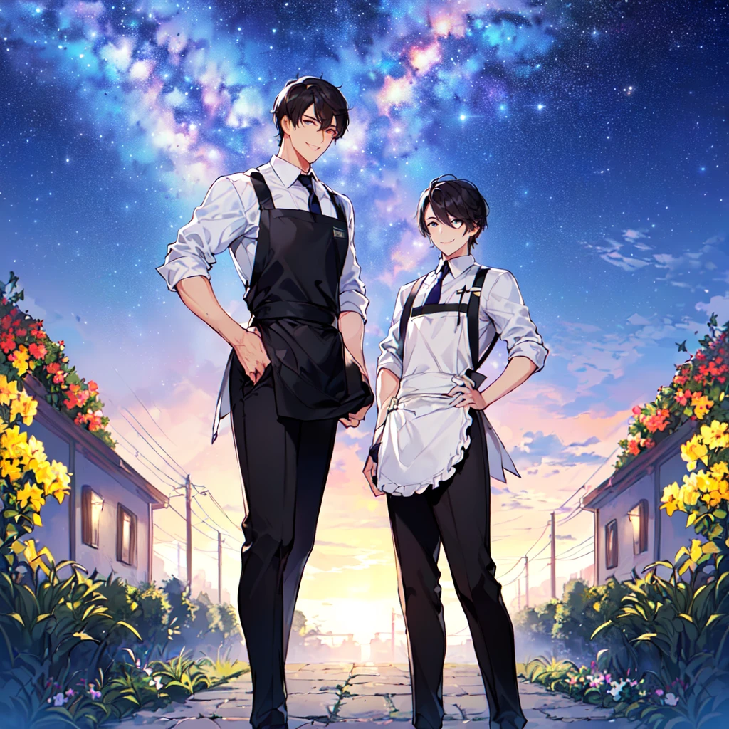 masterpiece,best quality,high quality,(1male austere handsome two adult age 30:1.5), purple eyes, cool with drooping eyes, V-shaped eyebrows, body strong and fearless 8.5 head tall, height 185cm, (well-groomed black short hair down to neck:1.4), (bangs in three (hair parted in three parts:1.4), slender nose, facial muscles, throat, (pants with waiter's tie summer fashion:1.3), sommelier waist apron, (welcome pose), (standing), (stylish pose), (cool smile:1.3), (background summer garden:1.3) ,(Milky Way Night Sky:1.3)