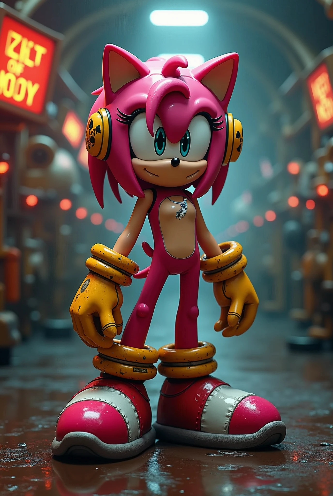 Amy Rose, high quality, best quality, 4K, 8K, toxic waste suit, nuclear reactor, detailed background, inside a nuclear reactor, Sonic drawing style, fur, perfect fur, medium breasts, radioactive glow on the body, toxic waste helmet, nipples, big nipples, pussy, wet pussy,