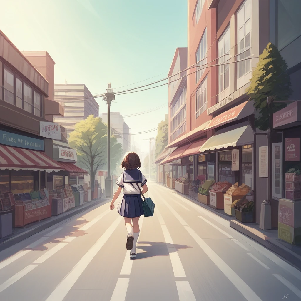 masterpiece, high quality, best quality, highly detailed, insanely detailed, hyper realistic, 4K, 8K, 16K, 3D illustration, A shopping street in downtown Tokyo, a high school girl running, she is beautiful and wears a school uniform. upper body.
