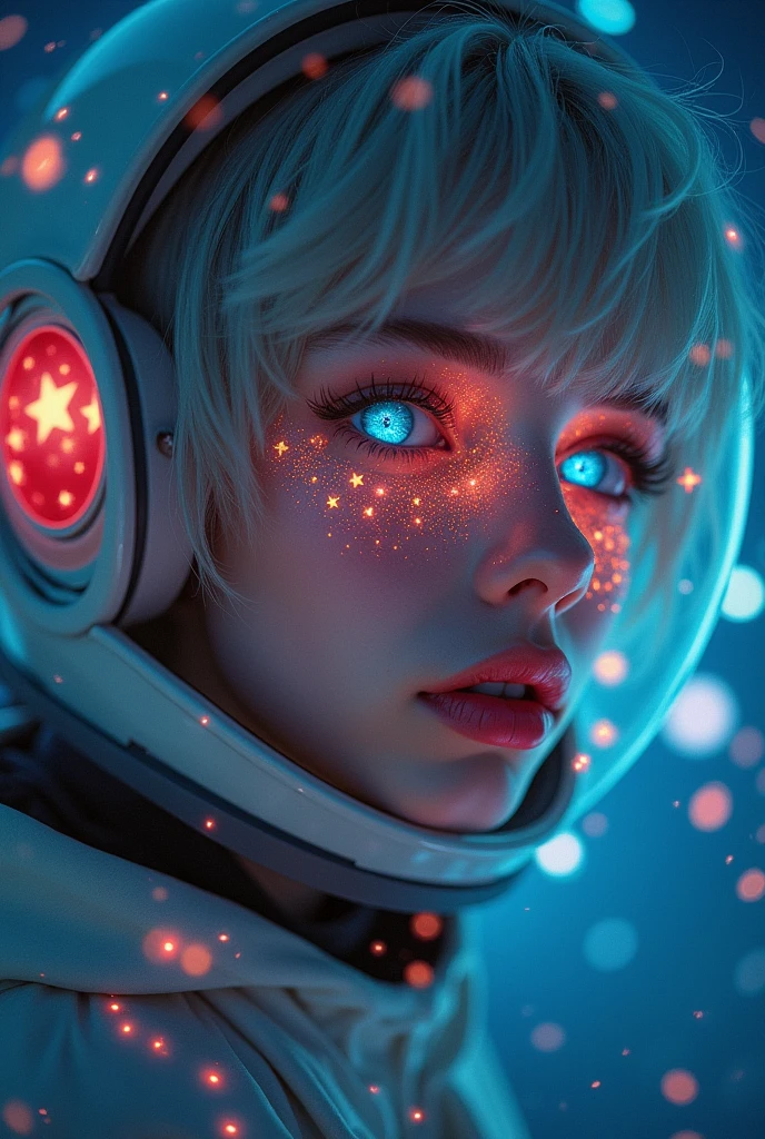 (Close-up of a better masterpiece:1.5)0.9], (Space and astronauts:1.2) (Messy silver hair:1.1) (Heterochromia xanthochromia and blue eyes:1.2) (Space Helmet:1.0) (Colored stars in the eyes:1.0) (A radiant glow:1.1) (thick lips:0.9)