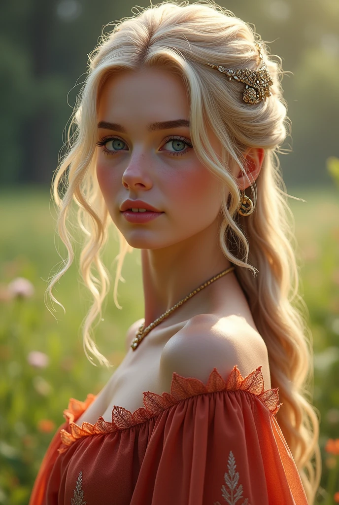 Create a blonde, blue-eyed Lannister girl dressed in pastel red dresses
