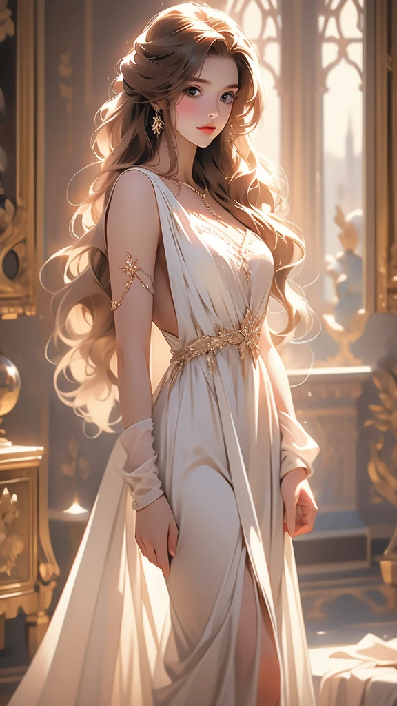 a picture of a woman standing with long blond hair posing over her shoulder, 1girl, long hair, solo, realistic, dress, brown hair