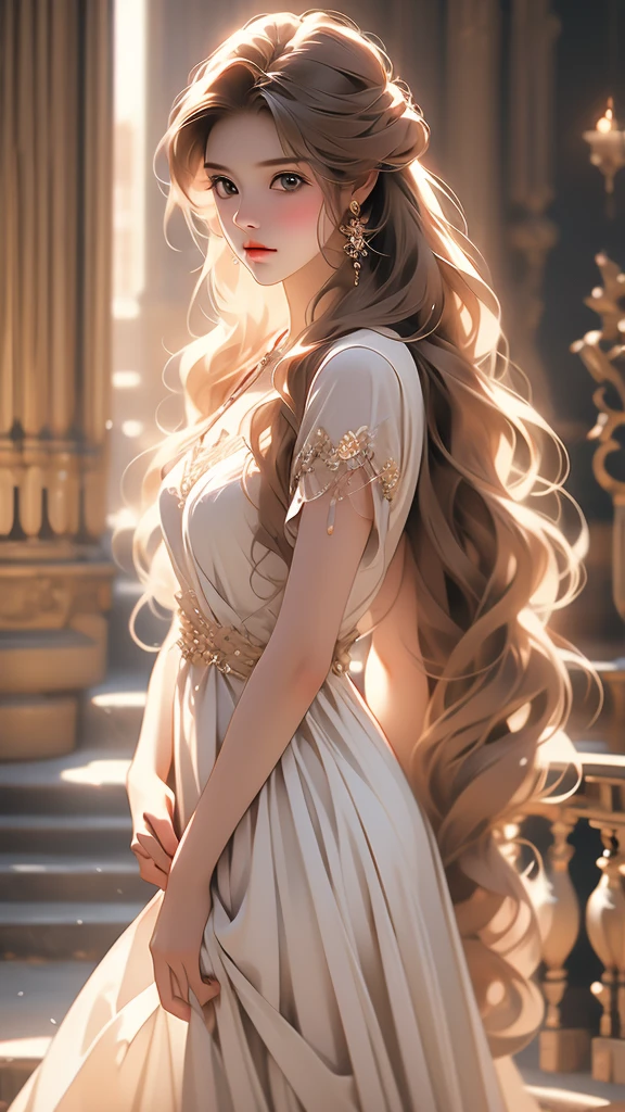 a picture of a woman standing with long blond hair posing over her shoulder, 1girl, long hair, solo, realistic, dress, brown hair