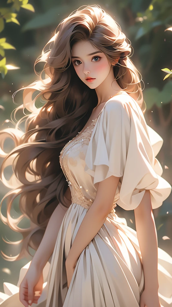 a picture of a woman standing with long blond hair posing over her shoulder, 1girl, long hair, solo, realistic, dress, brown hair