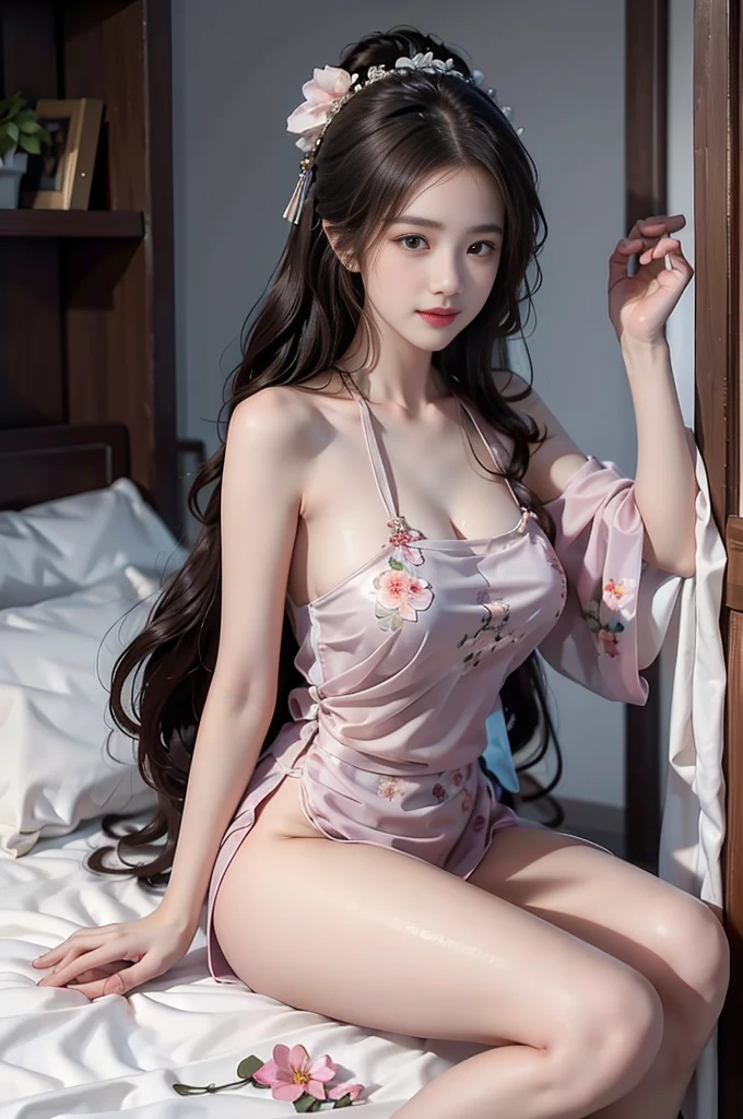 shidudou (best quality, masterpiece:1.2), tianfeng1, Extremely detailed, (Practical:1.37), beautiful, youth, Glamorous model, Warm colors, ((A full body perspective，Naturally bent knees，Skin is firm and smooth)), ((In the old-fashioned room，Sitting on a low bed，Lean back，Support your body with your elbows)), ((Elegant and natural posture)), (big eyes, Delicate eyes, Delicate lips, Delicate eyes), Available in white with floral pattern, Show a bright smile, fit, Full breasts, ((Big breasts)), Long legs, Create a stunning picture of a girl enjoying her sleep