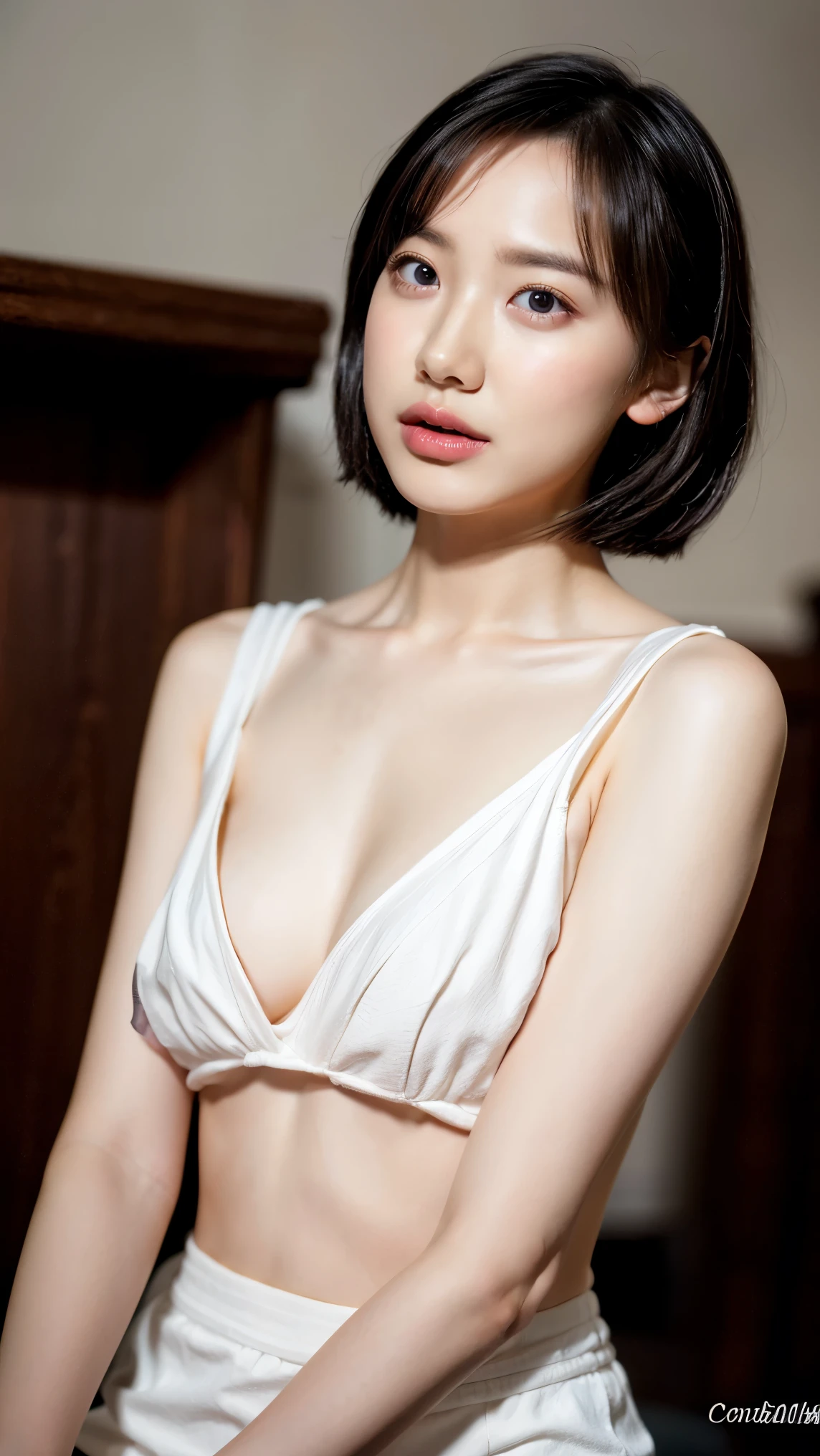 (girl1人, girl, Full body portrait, Large Breasts, Short Bob Hair, Upper body naked, Nipples, White panties), Fair-skinned, shiny thin lips, skinny, Body Type, Delicate and sexy collarbone, Highest quality, RAW Photos, Realistic, face, 信じられないほど美しいgirl, cute, Depth of written border, High resolution, 超detailed, detailed, Very detailed, extremely detailed eye and face, Sharp pupils, Sharp focus, Cinema Lighting