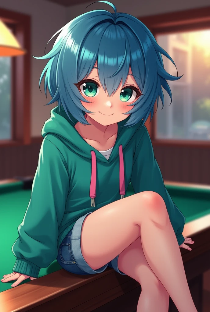 The girl in the picture is a figure with youthful features. He has short, disheveled hair in a vibrant blue color., with reflections and shadows that suggest a textured and modern style. His eyes are big and striking, in a light green color, with long, curved eyelashes that enhance their expressiveness. Her skin is soft and she seems to have a slight blush on her cheeks., which gives it a healthy and youthful appearance. The girl appears to be around 22 years old.. She wears a teal hoodie that barely reveals the curves of her waist and her moderately small bust.. The hoodie has pink drawstrings, and the hood appears to be slightly raised behind his head. She also wears denim shorts that accentuate the curves of her hips and her well-defined legs., ending in black and white sneakers. She is leaning against a pool table, with her legs crossed and her hands resting behind her on the table. Your clothes look soft and comfortable., suitable for a casual style. His expression is friendly and accessible, with a slight smile that suggests confidence and joy.