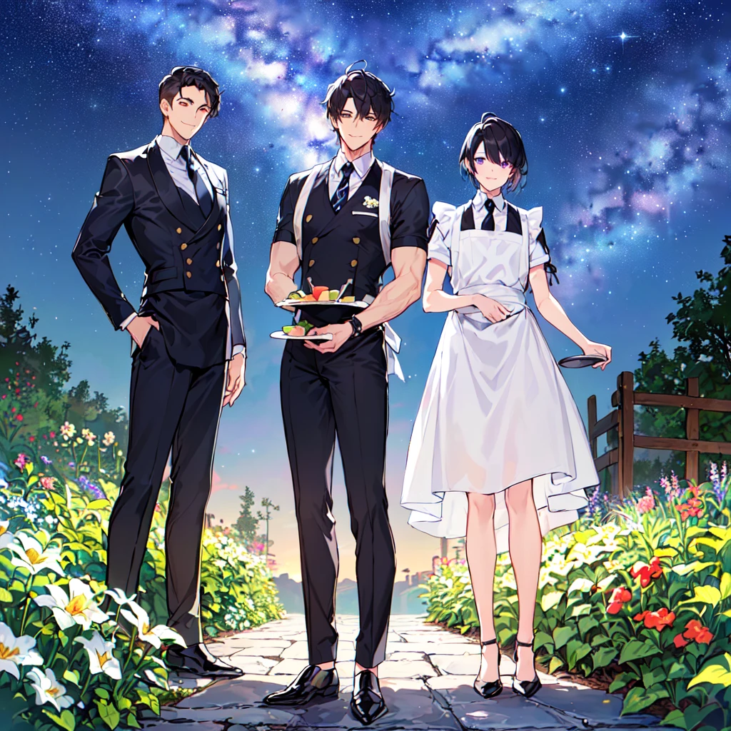 masterpiece,best quality,high quality,(1male austere handsome two adult age 30:1.5), purple eyes, cool with drooping eyes, V-shaped eyebrows, body strong and fearless 8.5 head tall, height 185cm, (well-groomed black short hair down to neck:1.4), (bangs in three (hair parted in three parts:1.4), slender nose, facial muscles, throat, (pants with waiter's tie summer fashion:1.3), sommelier waist apron, (welcome pose), (standing), (stylish pose), (cool smile:1.3), (background summer garden:1.3) ,(Milky Way Night Sky:1.3)