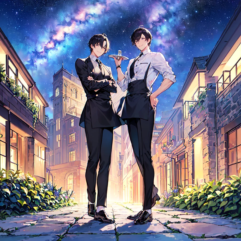 masterpiece,best quality,high quality,(1male austere handsome two adult age 30:1.5), purple eyes, cool with drooping eyes, V-shaped eyebrows, body strong and fearless 8.5 head tall, height 185cm, (well-groomed black short hair down to neck:1.4), (bangs in three (hair parted in three parts:1.4), slender nose, facial muscles, throat, (pants with waiter's tie summer fashion:1.3), sommelier waist apron, (welcome pose), (standing), (stylish pose), (cool smile:1.3), (background summer garden:1.3) ,(Milky Way Night Sky:1.3)