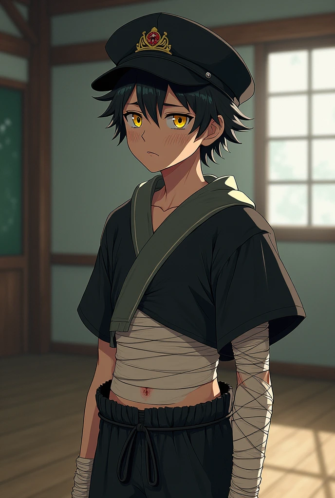 Teenage boy with black cap on his head ,yellow eyes , tired face,jujutsu school clothes from jujutsu kaisen and bandages on the belly and arms