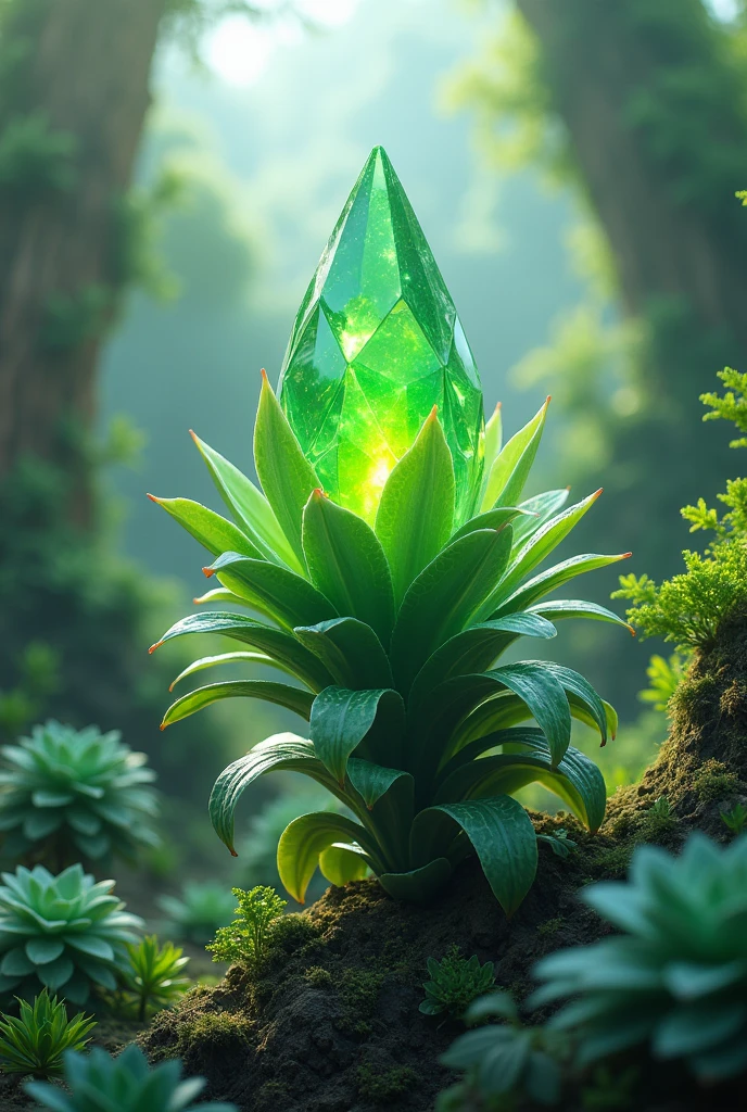 (green gem plant, alien plant, extraterrestrial flora, organic growth, succulent plant, lush foliage, vibrant colors, pastel palette, ethereal atmosphere, ufotable style, detailed illustration, 4k, high resolution, photorealistic, masterpiece)