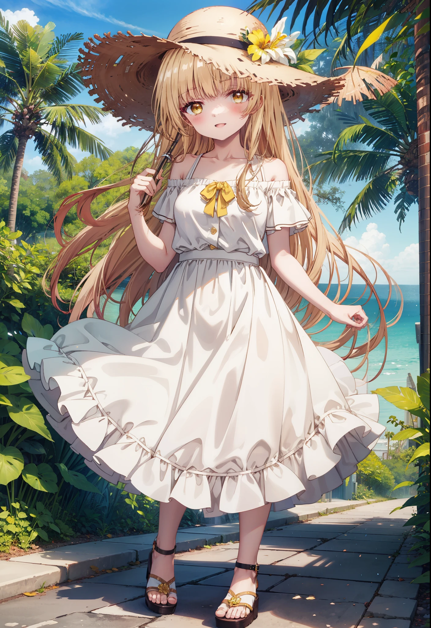 mahirushiina, mahiru shiina, Long Hair, bangs, Blonde, Brown Hair, (Yellow Eyes:1.3),happy smile, smile, Open your mouth,blush, Straw hat,smile,Cold Shoulder Shirt,Short sleeve,Long skirt,Cute heeled sandals,True Summer,Clear skies,Daytime,Palm tree,Hair is fluttering in the wind,whole bodyがイラストに入るように,
break outdoors, tropical,In town,Coastal Road,
break looking at viewer, whole body,
break (masterpiece:1.2), Highest quality, High resolution, unity 8k wallpaper, (figure:0.8), (Beautiful attention to detail:1.6), Highly detailed face, Perfect lighting, Highly detailed CG, (Perfect hands, Perfect Anatomy),