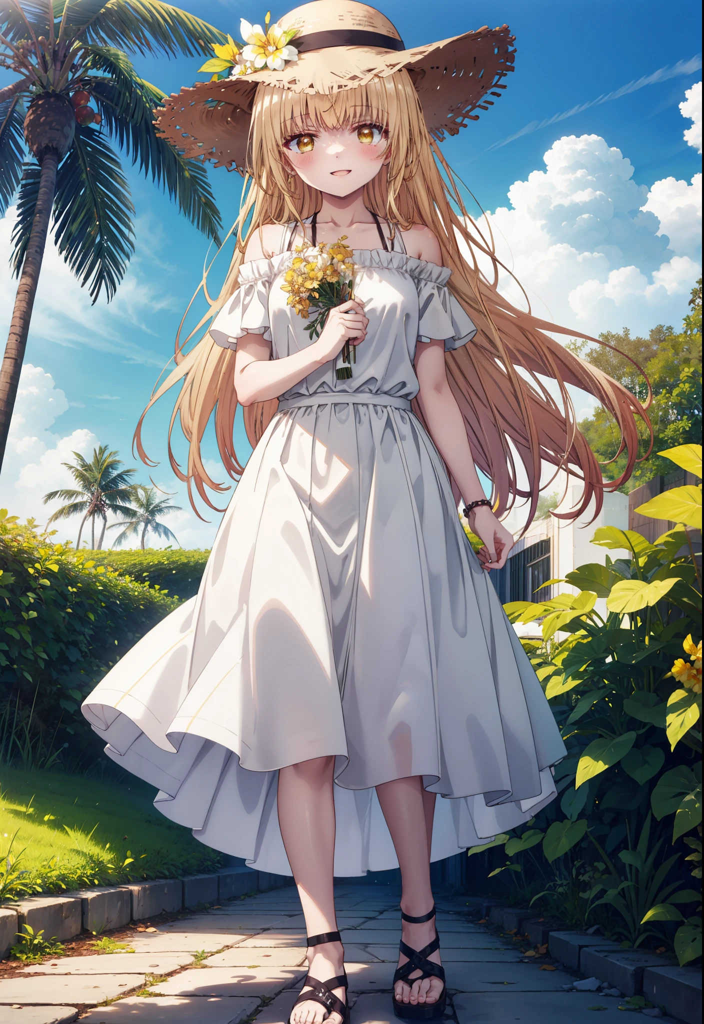 mahirushiina, mahiru shiina, Long Hair, bangs, Blonde, Brown Hair, (Yellow Eyes:1.3),happy smile, smile, Open your mouth,blush, Straw hat,smile,Cold Shoulder Shirt,Short sleeve,Long skirt,Cute heeled sandals,True Summer,Clear skies,Daytime,Palm tree,Hair is fluttering in the wind,whole bodyがイラストに入るように,
break outdoors, tropical,In town,Coastal Road,
break looking at viewer, whole body,
break (masterpiece:1.2), Highest quality, High resolution, unity 8k wallpaper, (figure:0.8), (Beautiful attention to detail:1.6), Highly detailed face, Perfect lighting, Highly detailed CG, (Perfect hands, Perfect Anatomy),