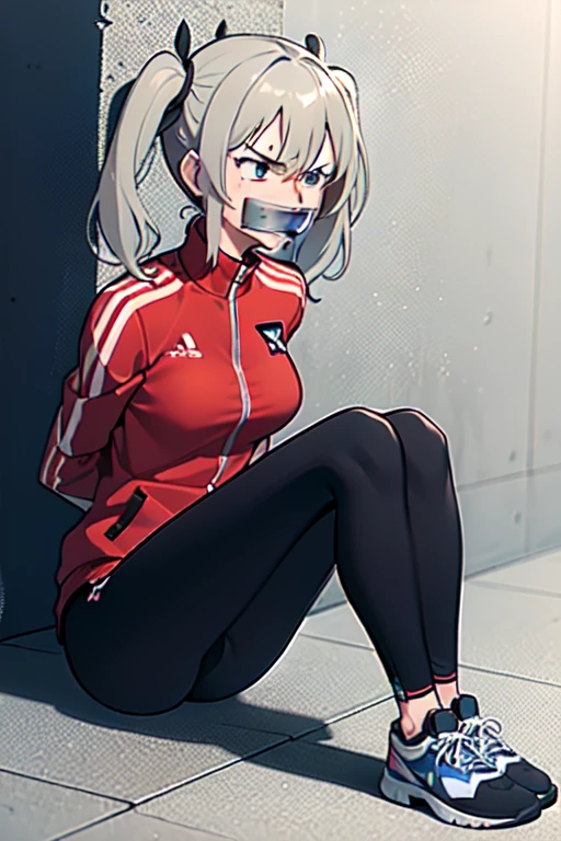 ((1 girl)), ((twin tails)), (sexy),  ((simple_background)), ((concrete floor, concrete wall)), ((underground room)), ((arms behind back)), ((scowl)), ((sitting on the knees)), ((tape gag)),  ((helpless)), ((calm)), ((struggling)), (blue tracksuit,tracksuit,tights pants, long black pants)