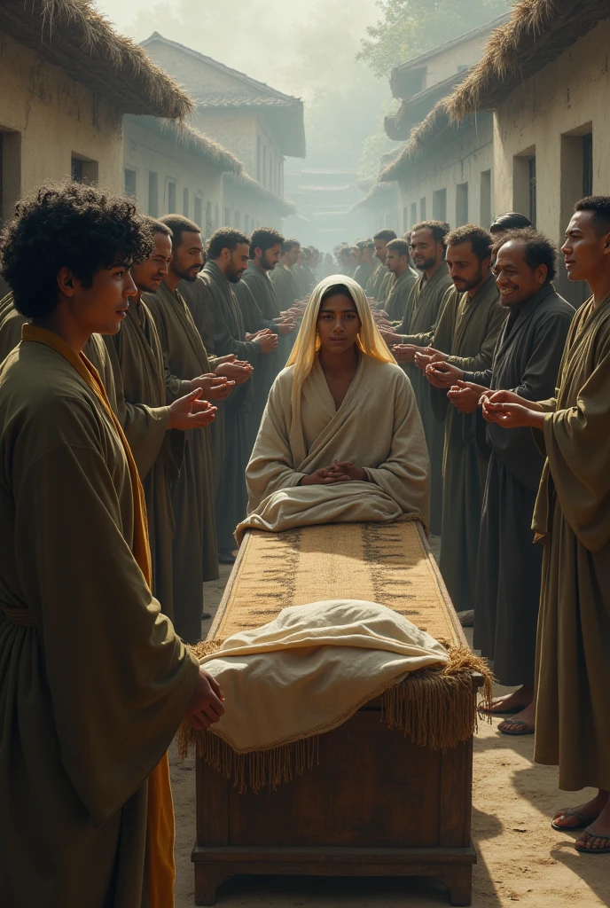 Depict the moment when Siddhartha witnesses a funeral procession and sees a corpse.
Highlight his realization of mortality and the impermanence of life, leading to a profound sense of sorrow and contemplation.