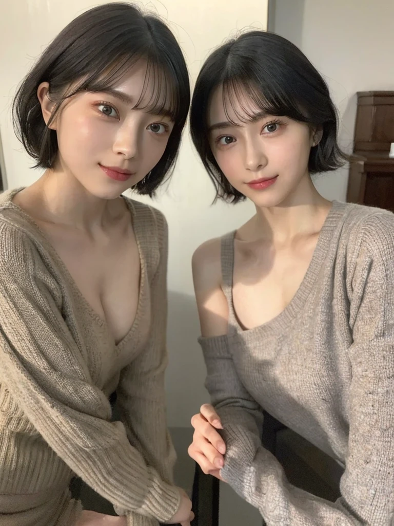 (masterpiece:1.3), (8k, Photoreal, Raw photo, best image quality: 1.4), Japanese high school girl、(random hairstyle:1.2)、cleavage:1.5、super detail face、eye for details、double eyelid、chest to chest、sharp focus:1.2、Beautiful woman:1.4、light brown hair、highest quality、masterpiece、超A high resolution、(Photoreal:1.4)、Highly detailed and professionally lit smiles、loose and light knitwear、shoulder out、thin、serious expression、short haired、deadly position
similar identical twins
All the girls have the exact same face, The two have the same face and figure, as if they were mirror images.