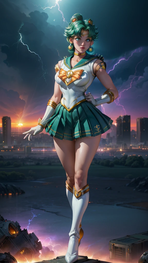 Full body picture：(La best quality,high resolution,Ultra Detailed,Practical),Ariana Grande es Sailor Moon Venus, (Sailor Soldiers:1.4), Dark green hair, Medium Hair, Begging for a skirt, (White Elbow Gloves:1.1), Joya, Medium chest, Dynamic Background, Dynamic poses,More detailed 8K.Unreal Engine:1.4,HD,La best quality:1.4, lifelike:1.4, Texture:1.4, masterpiece:1.8,masterpiece, best quality,Object Object], (Detailed facial features:1.3),(Finger details :1.4 ),(Doomsday City Destroyed:1.7), Collar, (White gloves:1.4), Collar verde, Elbow Groves, Joya,(Sunset background:1.4),(Sailor Neptune:1.4),(Cowboy pose :1.4), (Beautiful green eyes :1.4), ,( Cyberpunk 2.1), (Kawaii style :1.4), (Sailor Moon Venus :1.4 ), (Background rain thunder lightning :1.4), (Skirt lifted by itself: 1.1), (Skirt lift: 1.3), (White: 1.3), (Perfect anatomical structure :1.4),( Movie Lighting :1.4), (动态Cowboy pose), (White gloves:1.4 ), (Perfect anatomical structure V2.1), (Perfect hands: 1.4) 