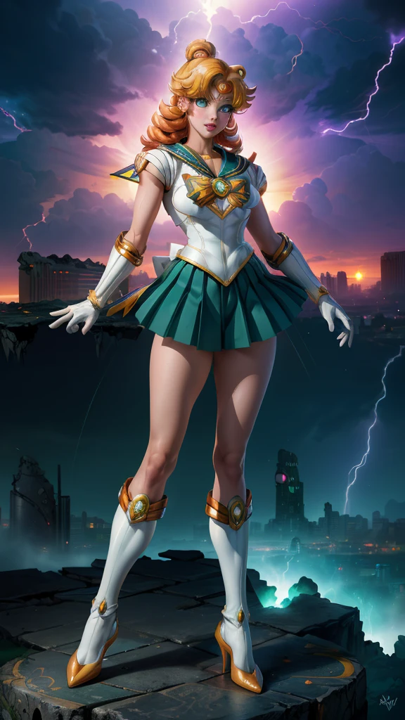 Full body picture：(La best quality,high resolution,Ultra Detailed,Practical),Ariana Grande es Sailor Moon Venus, (Sailor Soldiers:1.4), Dark green hair, Medium Hair, Begging for a skirt, (White Elbow Gloves:1.1), Joya, Medium chest, Dynamic Background, Dynamic poses,More detailed 8K.Unreal Engine:1.4,HD,La best quality:1.4, lifelike:1.4, Texture:1.4, masterpiece:1.8,masterpiece, best quality,Object Object], (Detailed facial features:1.3),(Finger details :1.4 ),(Doomsday City Destroyed:1.7), Collar, (White gloves:1.4), Collar verde, Elbow Groves, Joya,(Sunset background:1.4),(Sailor Neptune:1.4),(Cowboy pose :1.4), (Beautiful green eyes :1.4), ,( Cyberpunk 2.1), (Kawaii style :1.4), (Sailor Moon Venus :1.4 ), (Background rain thunder lightning :1.4), (Skirt lifted by itself: 1.1), (Skirt lift: 1.3), (White: 1.3), (Perfect anatomical structure :1.4),( Movie Lighting :1.4), (动态Cowboy pose), (White gloves:1.4 ), (Perfect anatomical structure V2.1), (Perfect hands: 1.4) 