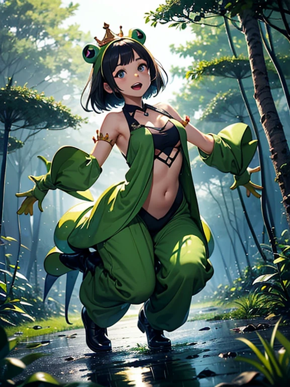 A frog princess (cute asian woman, age 25, over large eyes, loose frog costume) is dancing to celebrate the rain, frogs dance and sing around her, mushroom circle in a forest glade, rainy night
