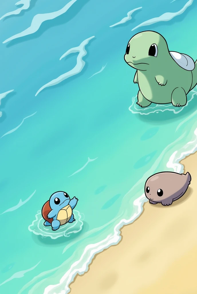 A Squirtle swimming in the ocean and a Slowpoke on the beach、Exeggutor
