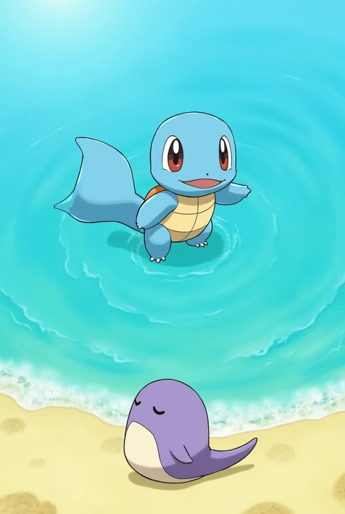 A Squirtle swimming in the ocean and a Slowpoke on the beach、Exeggutor