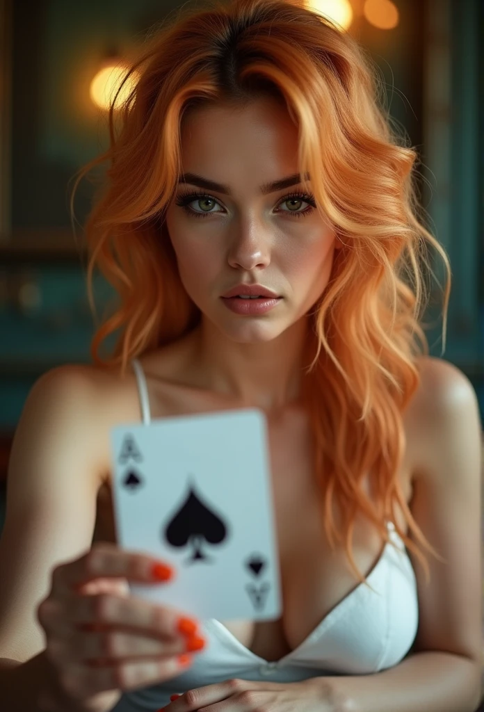 dynamic angle, She has orange-blond hair, wears a pure white dress, holds a poker card and extends one arm to show it to the viewer.( Card zoomed in on the front center ) sitting woman:1.2, voluptuous breasts, perfect body, Aura of fascination, Untidy hair, But it's beautiful. (Very detailed details_delicate eyes, sharp nose, plump lips, 1 beautiful 20 year old woman), clean skin, She is concentrating on the card game., surrealism, Blurry background with intricate and detailed details, 8k ultra high definition, masterpiece,