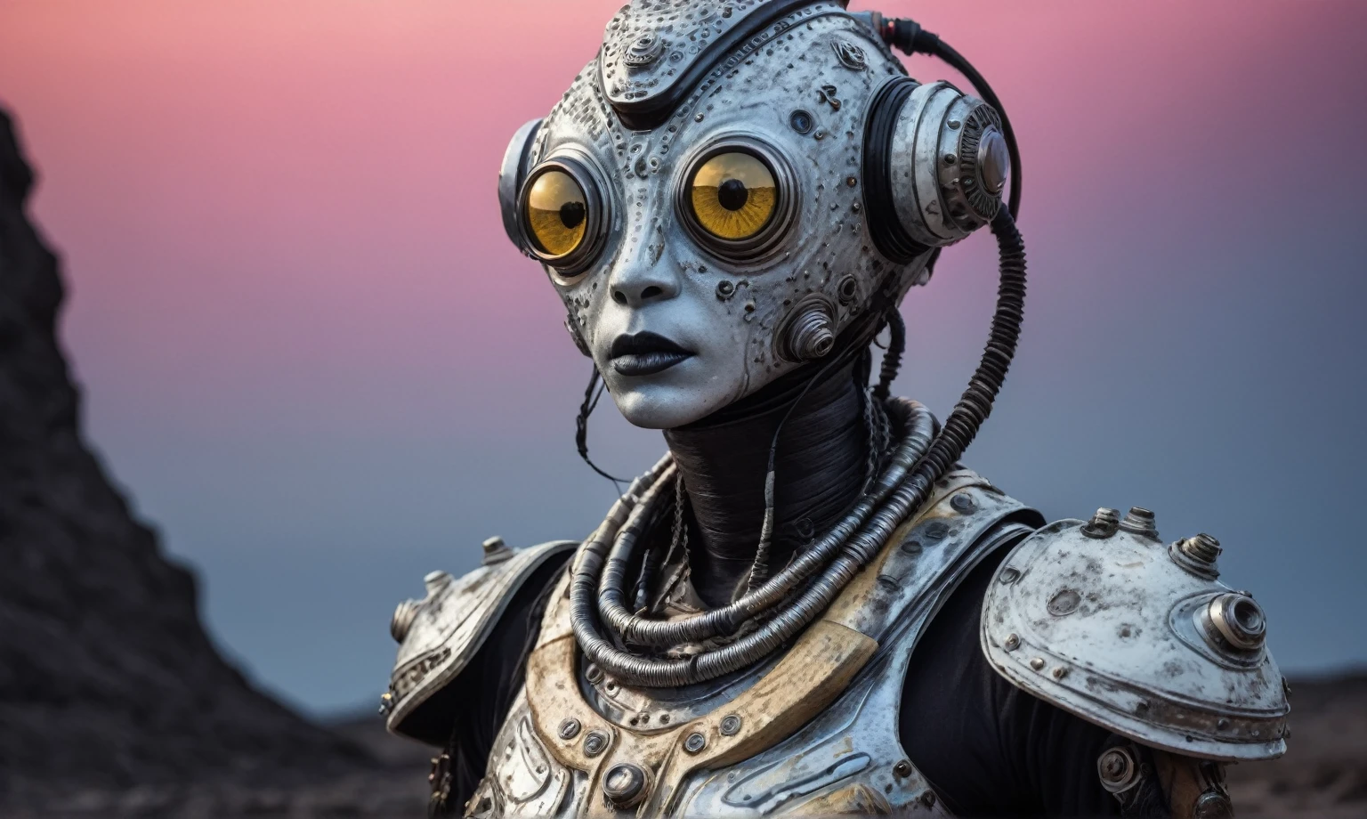 full body length shot,nerd graphite  Alien Entity,native africa slave ,azctec Finnish Lapland,Cinematic,soft colors, Technicolor,natural skin textures, hyper realism, hyper detailed,Extremely detailed,High contrast,Masterpiece,Realistic,Ultra Detailed, intricate details,realistic humid leather,extremely intricate details,Epic Realistic, cinematic style, irina yermolova,high contrast,hdr,extremely detailed, [deep night landscape],masterpiece, intricate details, eyes extremely detailed, high detailed eyes,8k resolution,retina, Nikon Z9,orcian Egypt, Pisces, transition between two art styles,full body length, Double contact, X-ray, Creative, vivid light, fantasy, Abstract, Surrealism, super detailed, high resolution,insanity national folk wear,skin  almost translucent, gothic elements,Mestichino,Light particles,chaos,starfish's leather,"(The best lighting, dark, dramatic), terror.),(fish eyes, A Modern flat toon Crazy whit a Big ONE a Only Eye Robot USSR , and helmet Style, tongs in hands, Tv head, pinhead, camouflage Yellow White Pink Rusty, Ambient in a meteorite crater super detailed, 