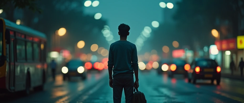 Make a movie poster " A 25 YEAR YOUNG INDIAN BOY, WEARING A SIMPLE FULL SLEAVE SHIRT PANT, and holding a collage bag, he standing in bustand in bangaluru , waiting for a bus at night