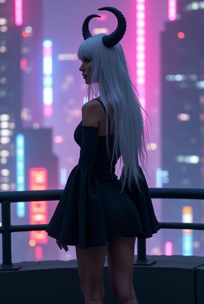 full body photo, woman standing in a terrace above the city, she's wearing a dress, flared long sleeves, outfit in black and white, white long hair, with downward horns, background is cyberpunk, purple, blue, and pink lights