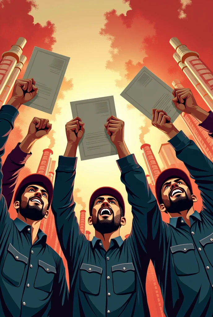 In a style similar to Soviet posters、I want you to write about workers who are slamming their resignation letters on their companies.