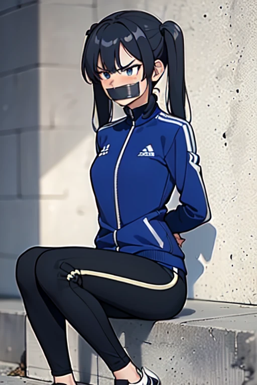 ((1 girl)), ((twin tails)), (sexy),  ((simple_background)), ((concrete floor, concrete wall)), ((underground room)), ((arms behind back)), ((scowl)), ((sitting on the knees)), ((tape gag)),  ((helpless)), ((calm)), ((struggling)), (blue tracksuit,tracksuit,tights pants, long black pants)