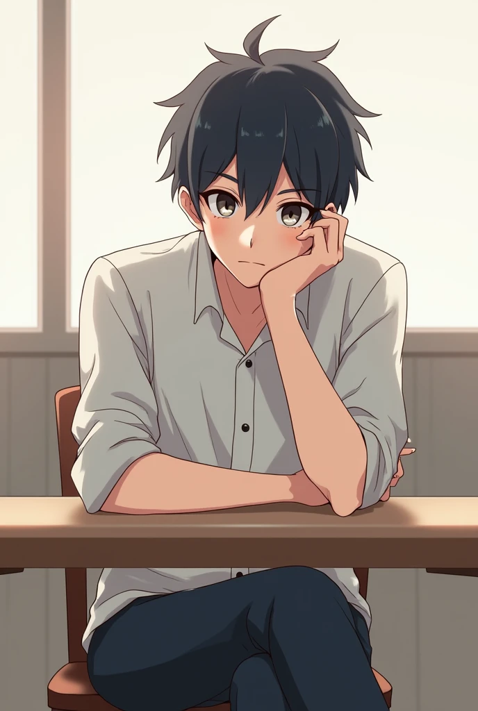 Boy seat on chair and his front table anime boy 20 to 22 years old

