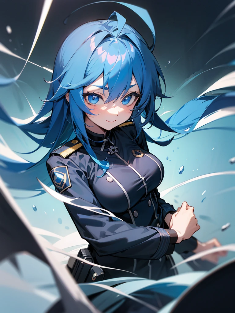 ,chest, smile, blue eyes, High resolution, Textured skin, Deep sea blue hair,, Big Ahoge, Thready hairstyle/hair,, 鋭いblue eyes,anime, anime風, Black police uniform,Long Hair, Police Station Multiple Ahoge,