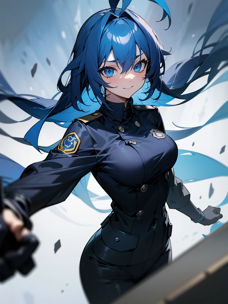 ,chest, smile, blue eyes, High resolution, Textured skin, Deep sea blue hair,, Big Ahoge, Thready hairstyle/hair,, 鋭いblue eyes,anime, anime風, Black police uniform,Long Hair, Police Station Multiple Ahoge,