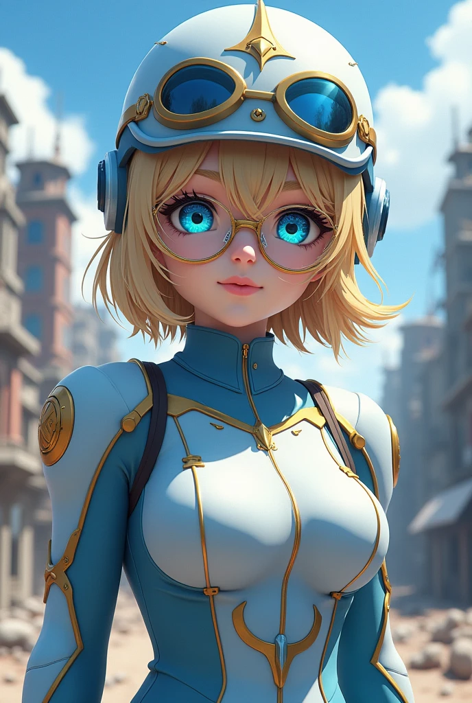A mesmerizing 3D render of an anime-style young woman dressed in a modern, military-inspired outfit. She dons a light blue attire adorned with intricate gold accents, which harmoniously contrasts with her stylish white helmet equipped with integrated goggles. Her bright blue eyes, framed by her blonde long hair and accentuated by clear glasses, emit a soft glow that reflects her unwavering determination. Her bust is extra large, adding to her striking appearance. The background showcases a futuristic, war-torn cityscape, seamlessly blending old and new architectural styles. The intense atmosphere is further amplified by the striking contrast between destruction and advanced technology, immersing the viewer in a dramatic and captivating scene.