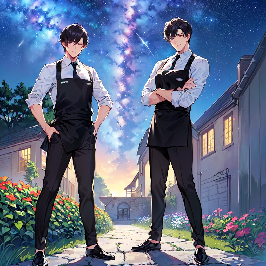 masterpiece,best quality,high quality,(1male austere handsome two adult age 30:1.5), purple eyes, cool with drooping eyes, V-shaped eyebrows, body strong and fearless 8.5 head tall, height 185cm, (well-groomed black short hair down to neck:1.4), (bangs in three (hair parted in three parts:1.4), slender nose, facial muscles, throat, (pants with waiter's tie summer fashion:1.3), sommelier waist apron, (welcome pose), (standing), (stylish pose), (cool smile:1.3), (background summer garden:1.3) ,(Milky Way Night Sky:1.3)