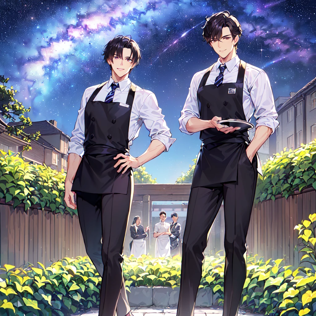 masterpiece,best quality,high quality,(1male austere handsome two adult age 30:1.5), purple eyes, cool with drooping eyes, V-shaped eyebrows, body strong and fearless 8.5 head tall, height 185cm, (well-groomed black short hair down to neck:1.4), (bangs in three (hair parted in three parts:1.4), slender nose, facial muscles, throat, (pants with waiter's tie summer fashion:1.3), sommelier waist apron, (welcome pose), (standing), (stylish pose), (cool smile:1.3), (background summer garden:1.3) ,(Milky Way Night Sky:1.3)