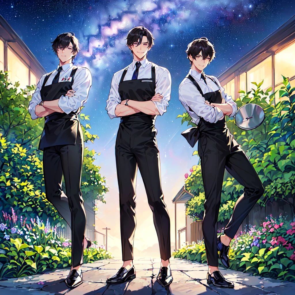 masterpiece,best quality,high quality,(1male austere handsome two adult age 30:1.5), purple eyes, cool with drooping eyes, V-shaped eyebrows, body strong and fearless 8.5 head tall, height 185cm, (well-groomed black short hair down to neck:1.4), (bangs in three (hair parted in three parts:1.4), slender nose, facial muscles, throat, (pants with waiter's tie summer fashion:1.3), sommelier waist apron, (welcome pose), (standing), (stylish pose), (cool smile:1.3), (background summer garden:1.3) ,(Milky Way Night Sky:1.3)
