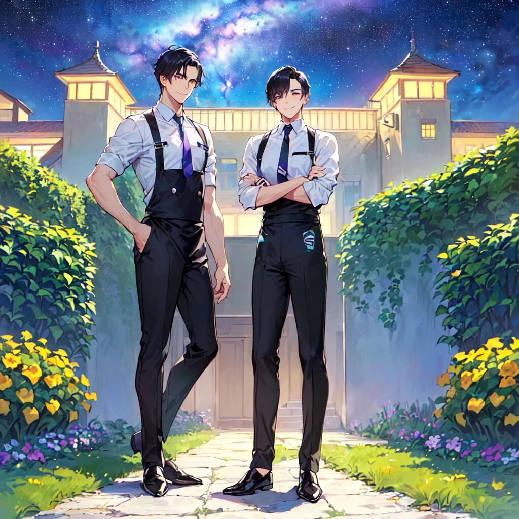 masterpiece,best quality,high quality,(1male austere handsome two adult age 30:1.5), purple eyes, cool with drooping eyes, V-shaped eyebrows, body strong and fearless 8.5 head tall, height 185cm, (well-groomed black short hair down to neck:1.4), (bangs in three (hair parted in three parts:1.4), slender nose, facial muscles, throat, (pants with waiter's tie summer fashion:1.3), sommelier waist apron, (welcome pose), (standing), (stylish pose), (cool smile:1.3), (background summer garden:1.3) ,(Milky Way Night Sky:1.3)