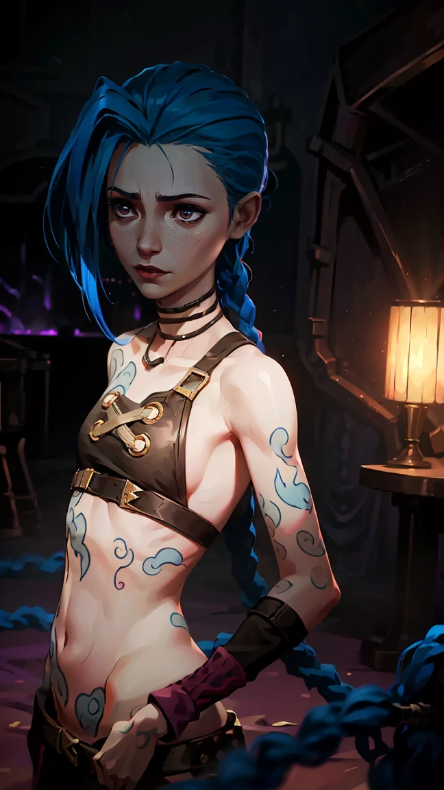 (masterpiece, Best quality), 1 girl, portrait very detailed face, very sexy, volume , full length (Whole body 1.1.), Crazy look, smile, pink tears, (tears on the cheeks, tears from eyes,) очень female, fighting stance, combat, neon lettering, explosions, darkness, fog, beautiful waist, gloomy composition, flame, fire, Flash, very beautiful, female, long hair, hair braided in long braids, very sexy, skinny leather pants, Focus on the eyes, emphasis on the face, Beautiful face, hands, Kosaed tail, red purple eyes, Jinx is crying, Blue Cloud Tattoo, (masterpiece, Best quality), Side lighting, beautiful detailed eyes, crazy face), (Best quality), (masterpiece), magic photography, impressive lighting, photorealism, Ultra detailed, intimate portrait composition, 1. 4,8 thousand. uhd, aesthetic, cd., a high resolution, 8 thousand., Better lighting, Best shade, Ultra-HD, a high resolution, Sharp Focus, complex background, cinematic lighting, ((landscape view)), block 4K, (Better lighting), ((cinematic lighting)),